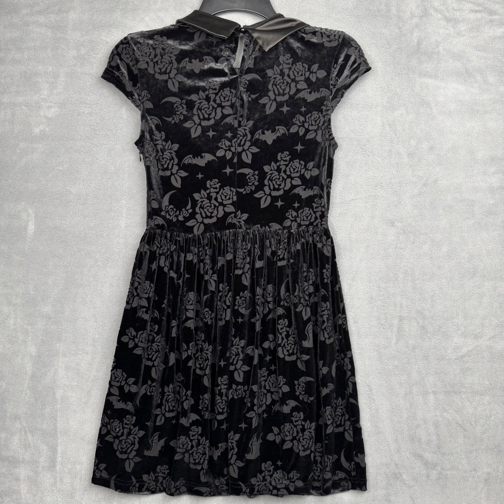 KILLSTAR Black Velvet Rose Bat Print Peter Pan Collar Dress XS Goth Witch - Picture 6 of 7